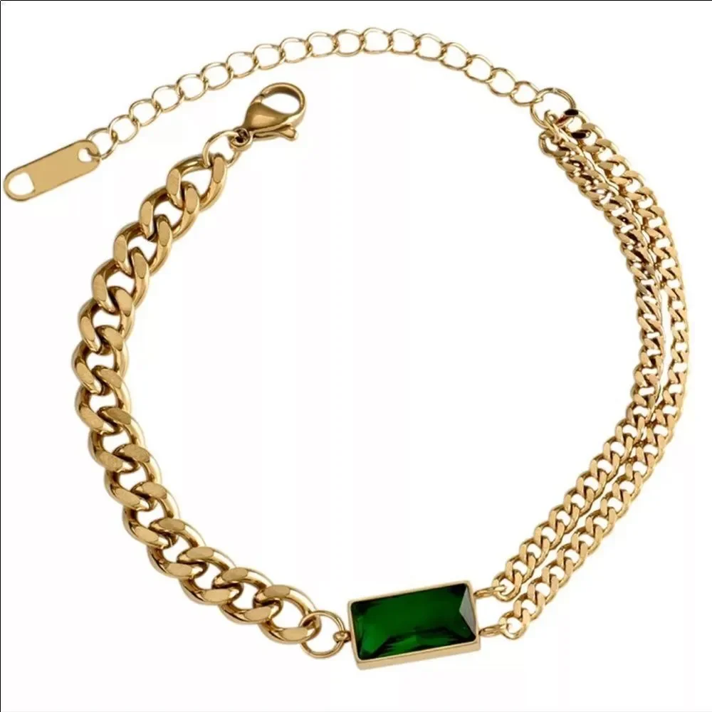 The Champion Bracelet 18K Gold Plated Link Chain w/ Green Gemstone